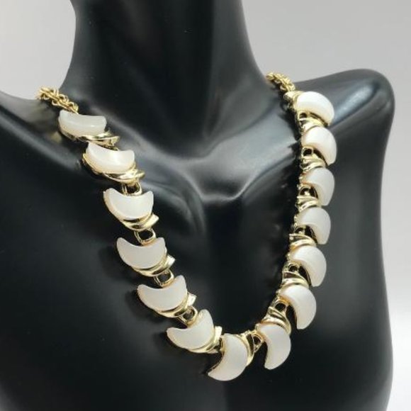 Gold-Tone & Thermoset Pearlescent Crescent Moon Necklace - Picture 2 of 9